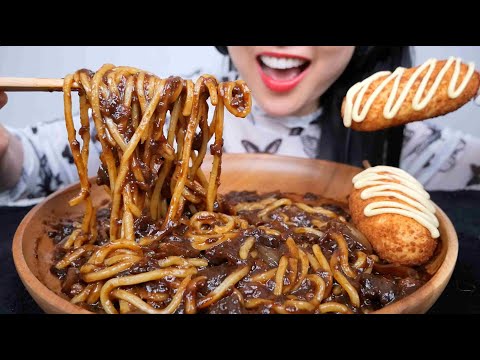 BLACKBEAN NOODLES + CHEESY CORNDOG (ASMR EATING SOUNDS) NO TALKING | SAS-ASMR