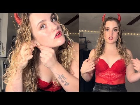 ASMR halloween party grwm (curly girl hair routine, devil costume, college girl makeup tutorial) 🥰😈🎃