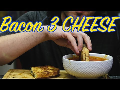 ASMR 3 CHEESE BACON Grilled CHEESE Sandwich + TOMATO SOUP * NO TALKING * 베이컨 구운 치즈 먹방