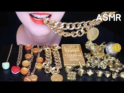 EDIBLE GOLD JEWELRY ASMR EDIBLE NECKLACE, EDIBLE RINGS ASMR HARIBO ASMR NO TALKING