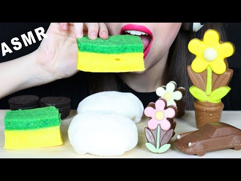 ASMR EDIBLE SPONGES, FLOWERS & SNOWBALL MOCHI FEAST (EATING SOUNDS) No Talking MUKBANG 먹방