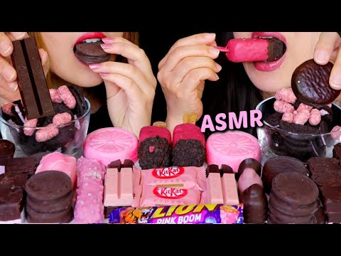 ASMR CHOCOLATE STRAWBERRY CAKE BAR, DARK CHOCOLATE OREO, MARSHMALLOWS, KITKATS, PINK MONAKA, BACI 먹방