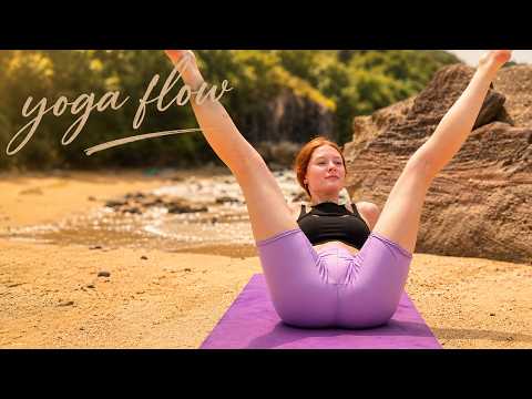 [4K USA] BEACH YOGA FLOW: DEEP STRETCH IN PURPLE BIKER SHORTS