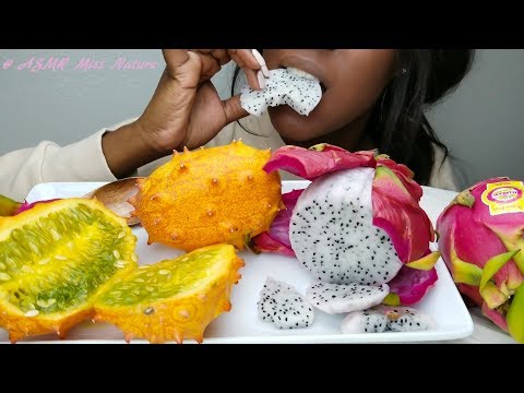 ASMR Eating: EXOTIC FRUITS TASTE TEST~ Dragon fruits and Kiwano ~ Review / No talking