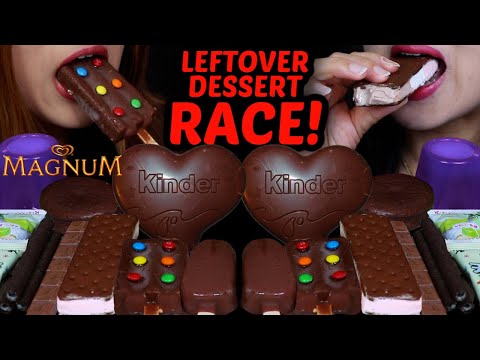 ASMR LEFTOVER DESSERT RACE! KINDER LOVE CHOCOLATE, M&MS ICE CREAM BAR, MINI MAGNUM, MILKA MILKINI 먹방