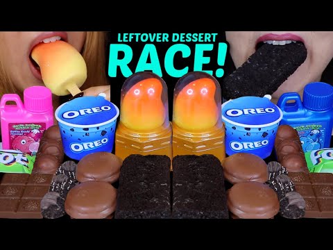 ASMR LEFTOVER DESSERT RACE! VIRAL MANGO ICE CREAM, OREO SUNDAE, FERRERO ROCHER, GUMMY ROLL CANDY 먹방