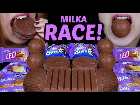 ASMR MILKA CHOCOLATE RACE! OREO CRUNCH BALLS, GIANT CARAMEL ALFAJOR, CAKE ROUNDS, CHOCO WAFERS 먹방