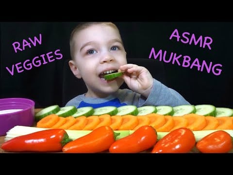 HEALTHY EATING ASMR Raw Veggie Platter MUKBANG with MY SON - Satisfying Crunchy Sounds!
