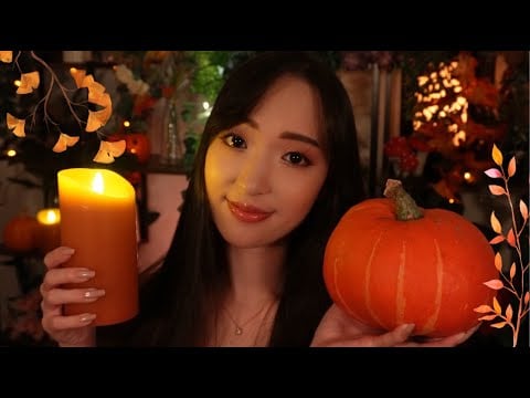 🍁 ASMR d'automne tout en douceur 🍂  Ambiance bougie, potirons, pomme de pin, noisettes, bois.. 🍄🌰🎃