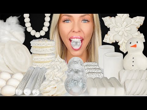 ASMR WHITE FOODS MUKBANG, SNOWMAN CAKE POPS, COCONUT MERINGUE, SNOWFLAKE COOKIES, SPRINKLES 먹방