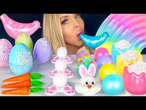 ASMR EDIBLE GLITTER DRINK, BUNNY TAILS, BIRD GLASS, EASTER EGGS, CARROT CANDY MUKBANG 먹방 꿀벌