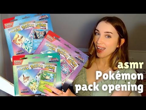 ASMR opening Prismatic Evolutions Tech Sticker Collections! (close whispers, Pokémon pack opening)