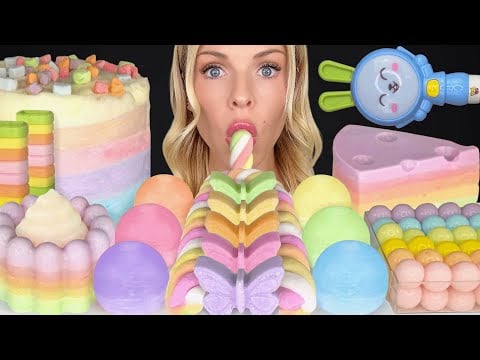 ASMR MUKBANG, Pastel Desserts, Marshmallow Rope, Pez Sour Candy, Milk Jelly, Cotton Candy Cake 먹방