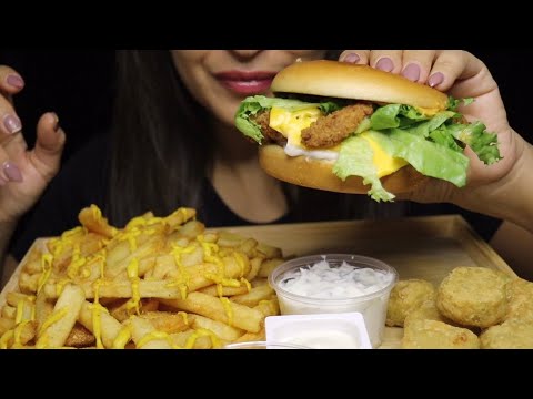 ASMR HOT JALAPEÑO CRAFTED CHICKEN BURGER THICK FRIES CHILI CHEESE BALLS MUKBANG #asmr #mukbang #food