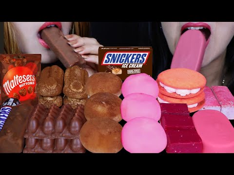 ASMR MALTESERS CHOCOLATE BUTTONS, SNICKERS CANDY ICE CREAM BAR, CARAMEL MOCHI ICE CREAM, CREAM PIES