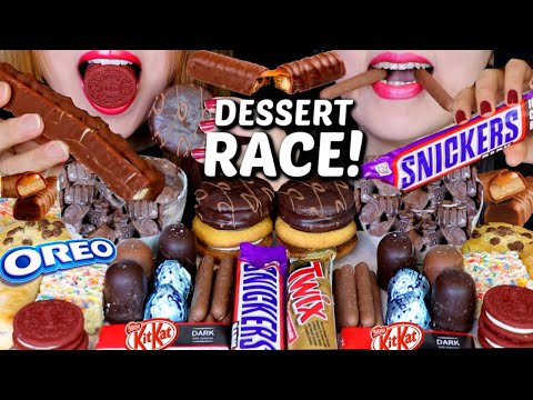 ASMR LEFTOVER DESSERT RACE (CANDY ICE CREAM BARS, CHOCOLATE MARSHMALLOW, CAKE, MILKA, OREO, TWIX 먹방