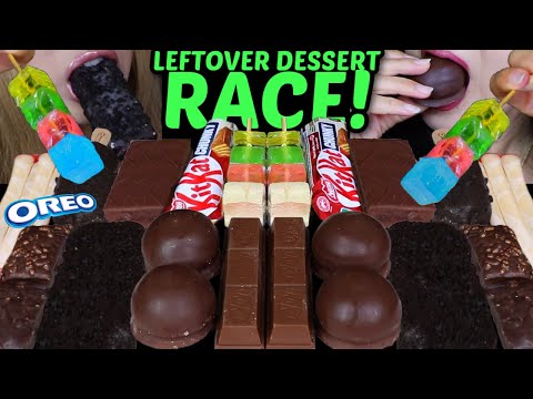 ASMR LEFTOVER DESSERT RACE! BIG KITKAT, RAINBOW JELLY, MARSHMALLOW, CAKE BAR, OREO ICE CREAM 먹방