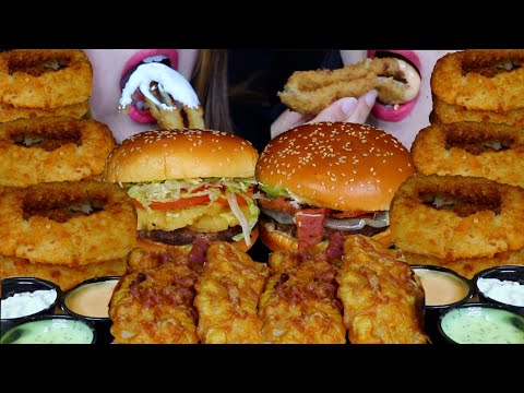 ASMR GIANT CRUNCHY ONION RINGS & RANCH, BACON CHEESEBURGERS, FRIED FISH *FRIED FOOD FEAST* 먹방