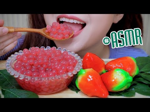 ASMR eating Strawberry popping boba and strawberry mung bean cake , EATING SOUNDS | LINH-ASMR