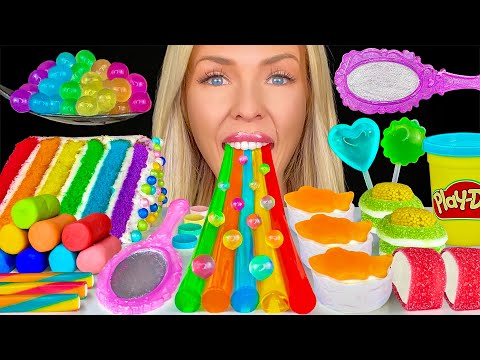 ASMR RAINBOW FOODS MUKBANG, EDIBLE PLAYDOH, LAYERED CAKE, LYCHEE BOBA TEA CITRIC ACID SUSHI CANDY 먹방