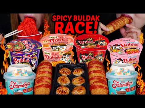 ASMR SPICY BULDAK RAMEN RACE! BIRTHDAY CAKE ICE CREAM SUNDAE, BIG CHEESY CORN DOGS, KIMCHI DUMPLINGS