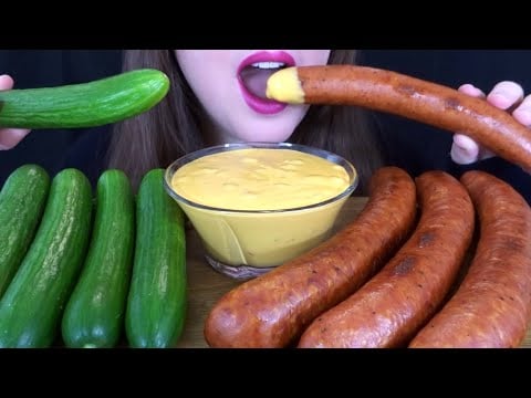 ASMR Sausage, Cucumbers, & SPICY CHEESE Sauce - EXTREMELY SATISFYING Eating Sounds!