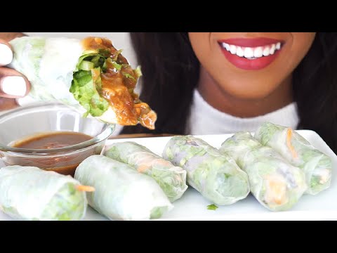 ASMR Eating: VEGAN CHICKEN SPRING ROLLS  WITH SPICY PEANUT SAUCE!  *No talking