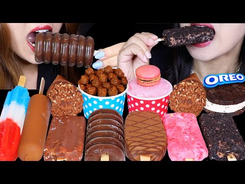 ASMR ICE CREAM PARTY! ROCKET POP, CHOCOLATE FUDGE CARAMEL CONE, OREO, COOKIE SANDWICH, SUNDAE CUPS먹방