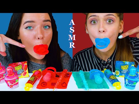 ASMR RED FOOD VS BLUE FOOD, JUICY DROP GUM,  SOUR PACIFIERS, DIP-N-LIK POPCIFIER, CANDY MUKBANG 먹방