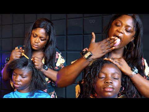 ASMR no gum tingly mouth sound fake spit painting, hair parting,shea butter greasing scalp massage