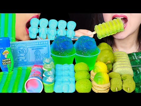 ASMR BLUE + GREEN SOUR JELLY NOODLES, EDIBLE MONEY ICE CREAM, MATCHA CHOCOLATE MOCHI, MARSHMALLOW 먹방