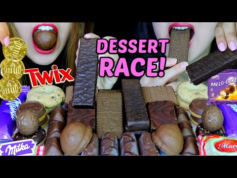 ASMR LEFTOVER DESSERT RACE (TWIX COOKIES, MILKA CHOCOLATE, MARSHMALLOW, ICE CREAM, CHOCOLATE DONUT먹방