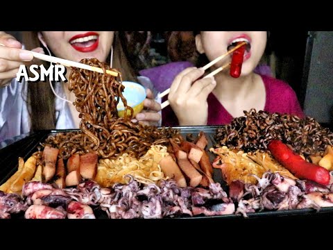 ASMR  Eating BlackBean Noodles | Spicy Enoki Mushroom | Spicy Squid | Sausage | Real Sound Mukbang