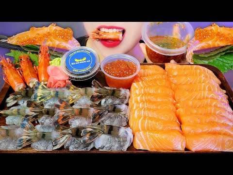 ASME EATING RAW SHRIM WITH TOMYUM SAUCE X SALMON SASHIMI , EATING SOUNDS | LINH-ASMR