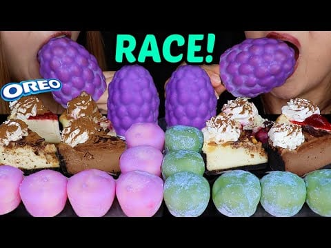 ASMR MOCHI ICE CREAM CHEESECAKE RACE! Viral grape ice cream *big bites* 먹방