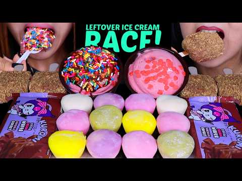 ASMR LEFTOVER ICE CREAM RACE! Rainbow sprinkle ice cream sundae, mochi ice cream, smores bars 먹방
