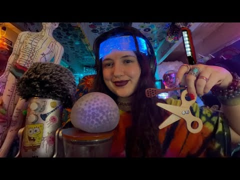 Orbeez ball, car ride, plucks/ snips, water globes, honey spoon, fluffy mic, bugs, mouth sounds, etc