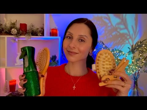 Christmas Head Spa ASMR Hair Brushing, Scalp Massage, Cozy Holiday Personal Attention, Wooden Tools