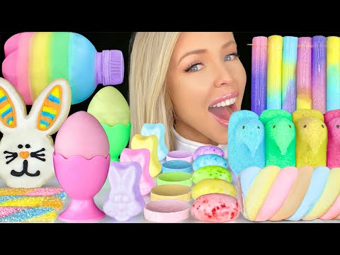 ASMR PASTEL FOOD, CHUBBY BOTTLE JELLY, BUNNY COOKIE, MARSHMALLOW PEEPS, EASTER DESSERT MUKBANG 먹방