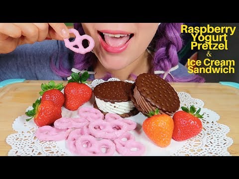 ASMR Ice Cream Sandwich & Raspberry Pretzel Eating sound | 아이스크림 샌드위치, 프레첼 먹방 | CURIE. ASMR