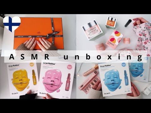 ASMR suomi 🇫🇮 MEGA UNBOXING & esittely - Hermes, Clinique, Dr. Jart ja meikkejä - kokoelma
