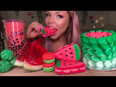 ASMR WATERMELON CAKE, BUBBLE TEA, CAKE POP, MACARON, SANDWICH COOKIE, JELLO SLICE MUKBANG