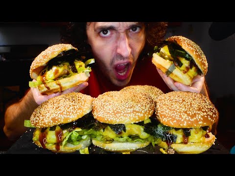 CRUNCHY SHRIMP CHEESE BURGERS WITH OKONOMIYAKI SAUCE ! * ASMR NO TALKING MUKBANG * NOMNOMSAMMIEBOY