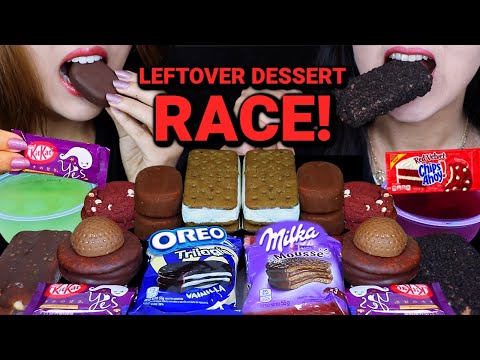 ASMR LEFTOVER DESSERT RACE! TICO ICE CREAM, MILKA MOUSSE ALFAJOR, PURPLE KITKAT, RED VELVET COOKIE먹방