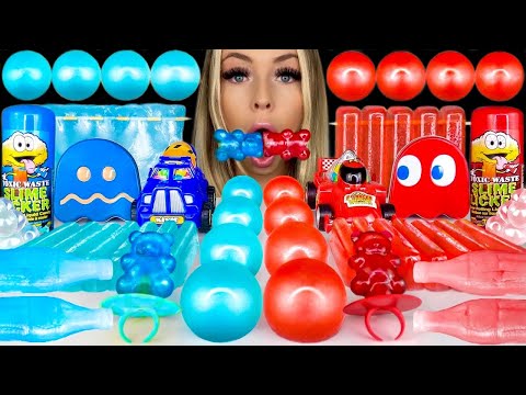 ASMR BLUE & RED FOOD, EDIBLE TEDDY BEAR, JELLY ICE BARS, SOUR CANDY MUKBANG 먹방