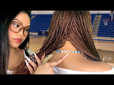 ASMR Shy Girl in Gym Class Plays w/ Your Hair (TINGLY Bead Braids) + Scalp & Back Scratch, lite gum