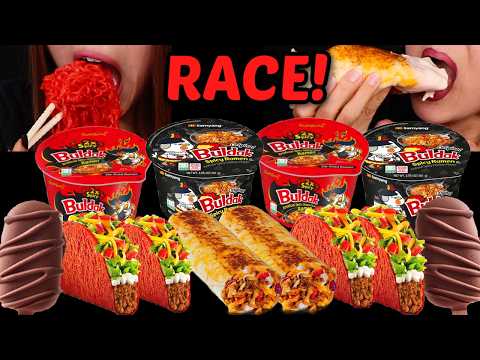 ASMR TACO BELL RACE! Crunchy Chocolate Tico ice cream, Spicy Buldak Ramen noodles, burritos 먹방
