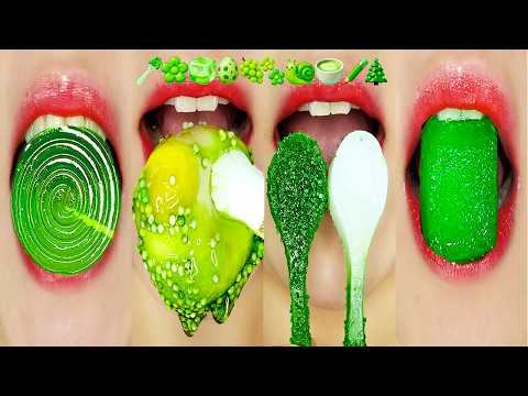 ASMR EATING GREEN EMOJI FOODS MUKBANG 💚 (Edible Spoon, Dino Egg, Matcha)