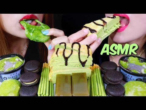 ASMR GREEN TEA ICE CREAM, CREPE CAKE, MOCHI, BEAN JELLY, POCKY, COOKIES 리얼사운드 먹방 | Kim&Liz ASMR