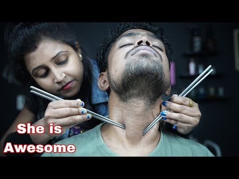 She Is Awesome | Indian Lady Barber Doing Massage With Chopsticks | ASMR Relaxing Head Massage